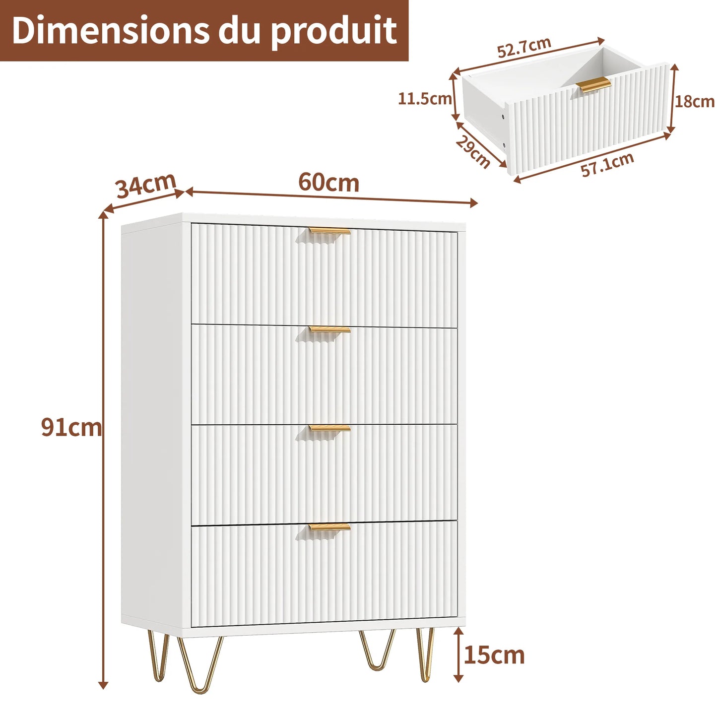 Ladekast – Dressoir – Kledingkast – Opbergkast – Ladenkast – Wit Met Verticale Houtnerf – 4 Ruime Lades – Stevig Houten Poten