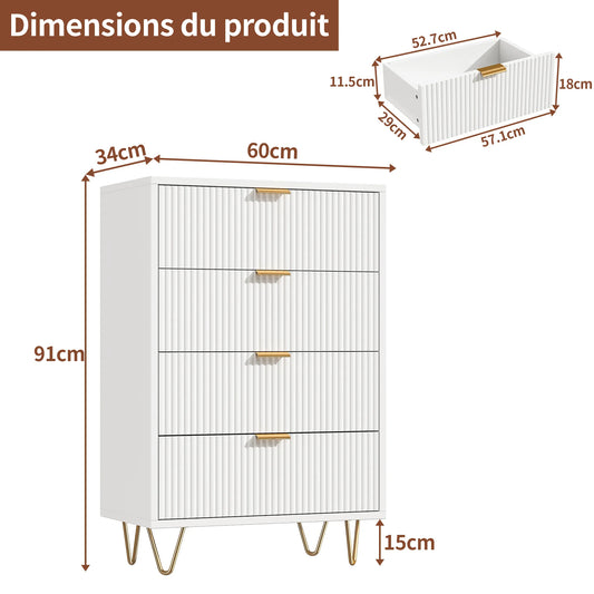 Ladekast – Dressoir – Kledingkast – Opbergkast – Ladenkast – Wit Met Verticale Houtnerf – 4 Ruime Lades – Stevig Houten Poten