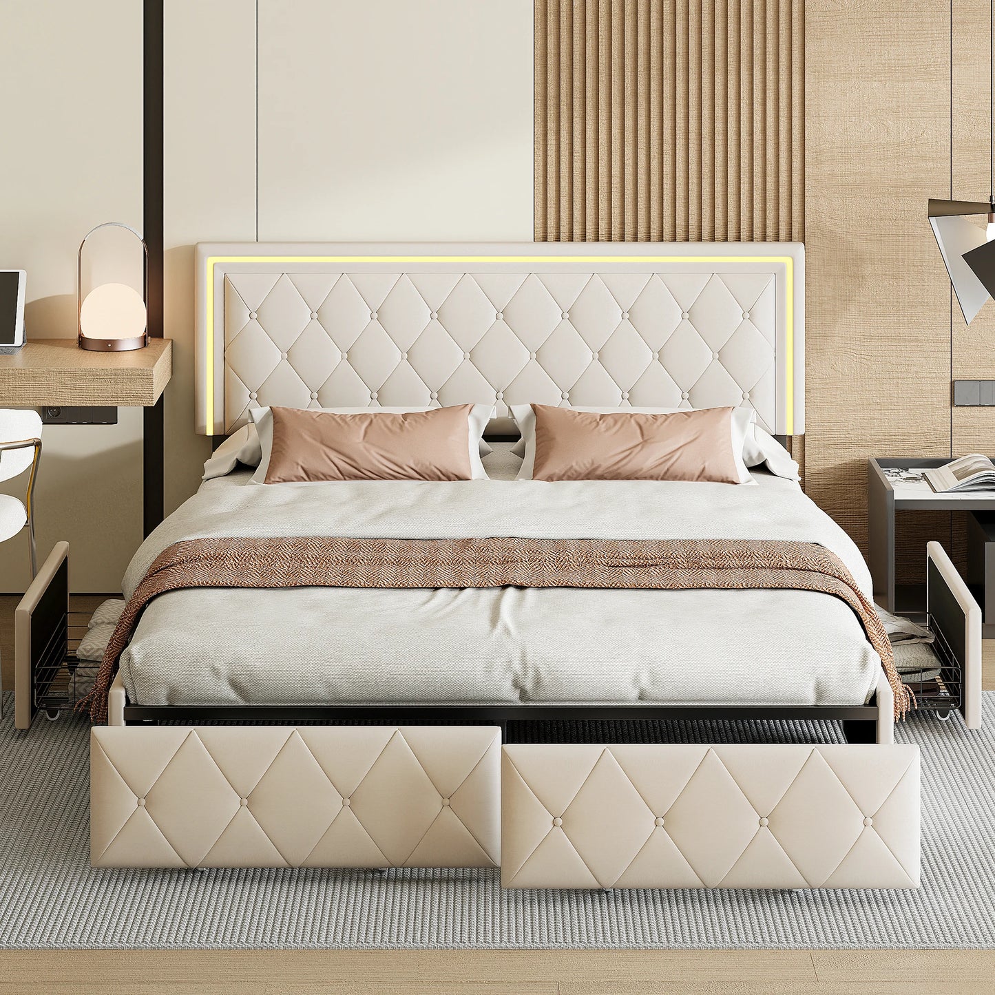 Bed – Bedframe – Slaapbed – Opbergbed – Kunstleerbed – Beige – 160x200 cm – Met 4 Opberglades – Stevig Metalen Frame