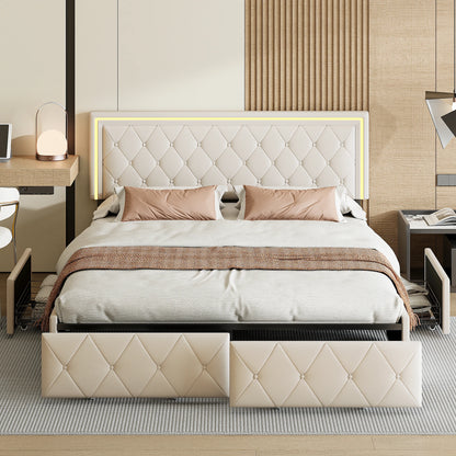 Bed – Bedframe – Slaapbed – Opbergbed – Kunstleerbed – Beige – 160x200 cm – Met 4 Opberglades – Stevig Metalen Frame