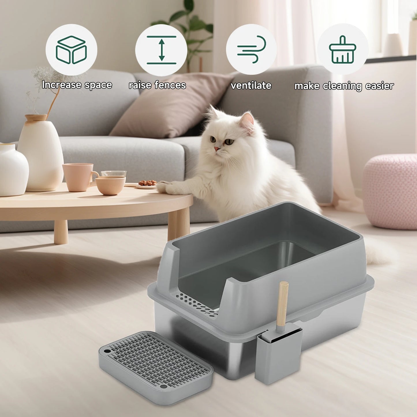 Kattenbak - Extra Grote - RVS - met Hoge Zijkanten - Open Type - Geurvrij en Duurzaam - Grote Katten - Meerdere Katten - Grijs