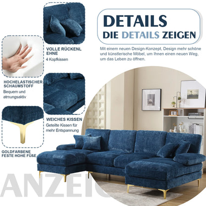 Hoeksalonbank – Hoekbank – U-vormige Bank – Loungesofa – Zitbank – Blauw – Hoogwaardig Chenille – Verstelbare Ligposities