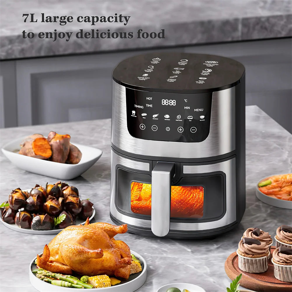 Digitale Airfryer - PFAS vrij - Groot 7 Liter - Heteluchtfriteuse - Zwart - Digital screen - Inclusief in hoogte verstelbaar Grillrack - met Touch Control - non-Basket & Zichtbare vensters - Familieformaat