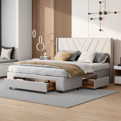 Tweepersoonsbed – Gestoffeerd Bed – Opbergbed – Ladebed – Linnen Bed – 160x200 cm – Met 3 Lades en Houten Lattenbodem