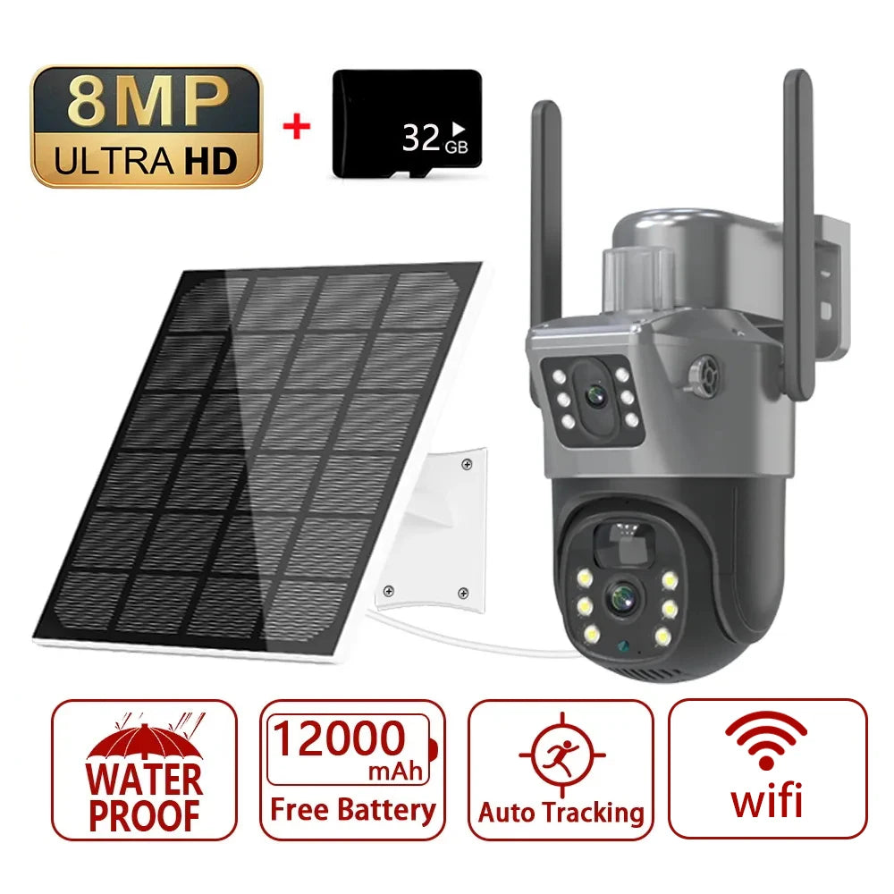 Beveiligingscamera's - Camerabewaking - Buitencamera - Zonnecamera - Waterdicht - 4K - 8MP - WiFi PTZ  - Dual Lens & Dual Screen – Bewegingsdetectie met 32GB Opslag – Buitenbeveiliging – Buiten IP Beveiligingscamera met Nachtzicht