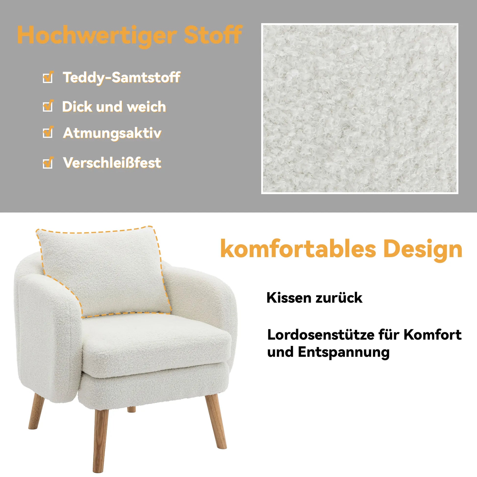 Relaxstoel – Lounge Stoel – Fauteuil – Zetel – Teddyfluweel – Ergonomische Rugsteun – Stevig Houten Frame - Wit - QUORE