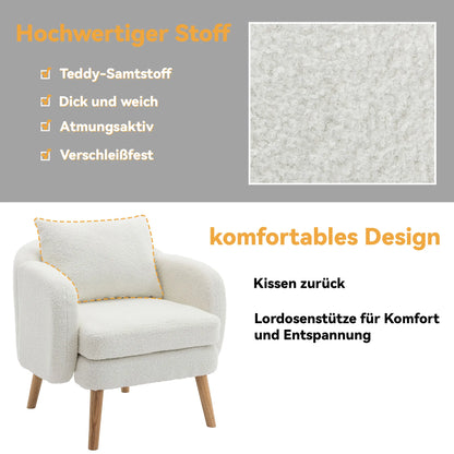 Relaxstoel – Lounge Stoel – Fauteuil – Zetel – Teddyfluweel – Ergonomische Rugsteun – Stevig Houten Frame - Wit - QUORE