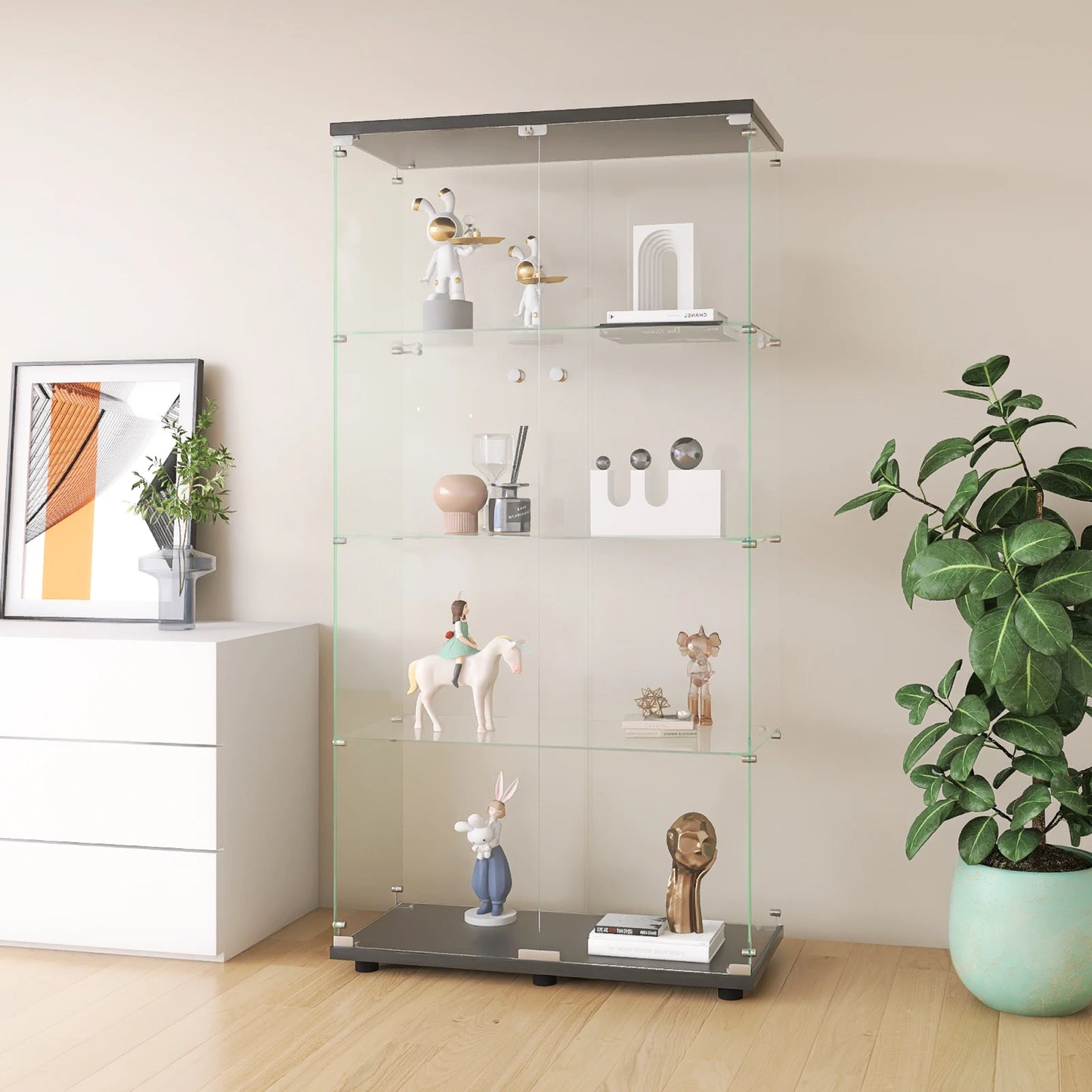 Vitrinekast – Glazen Kast – Vitrine – Opbergkast – Boekenkast – Wit – 4 Glazen Planken – 8 Opbergvakken