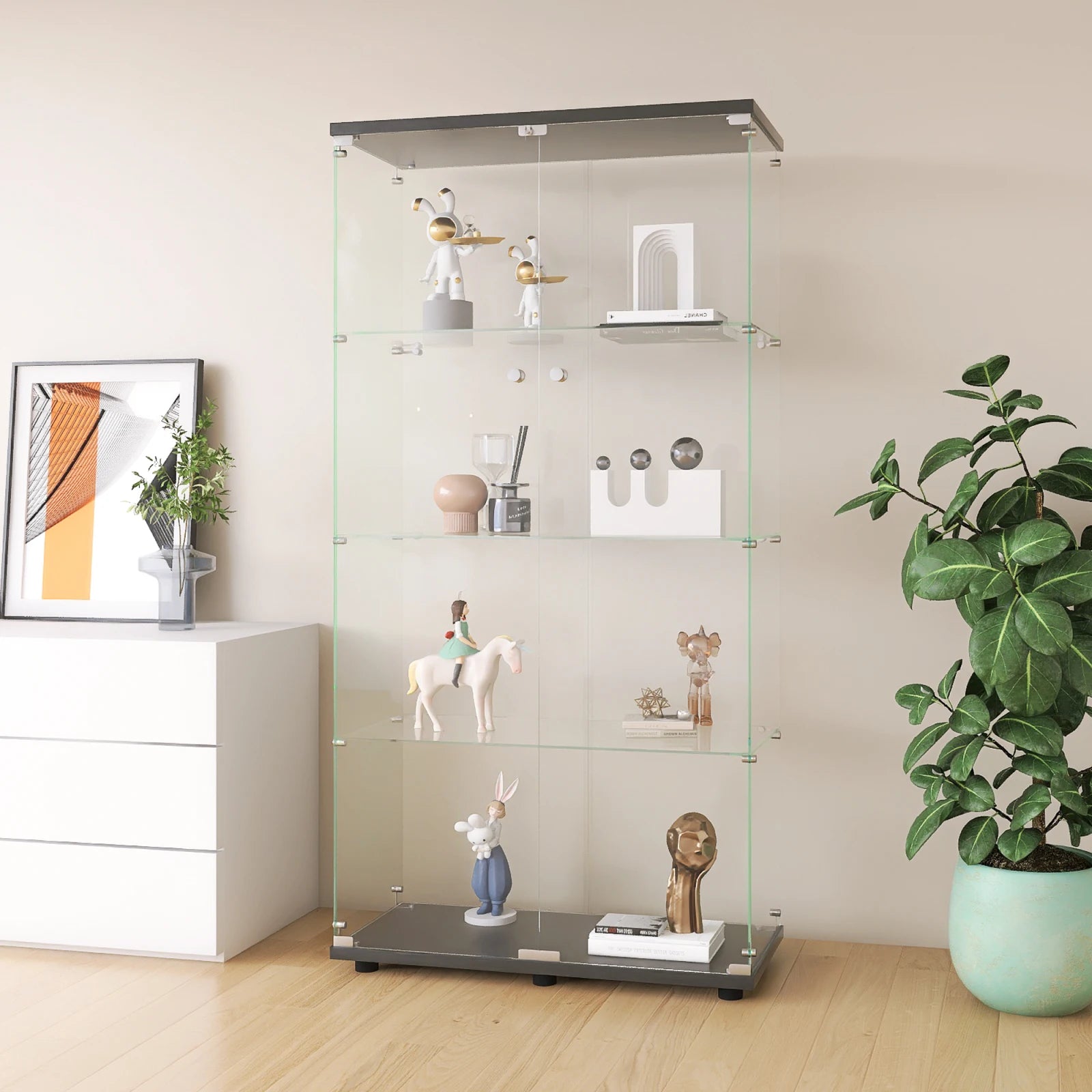 Vitrinekast – Glazen Kast – Opbergkast – Boekenkast – Showcase – Zwart met Verlichting – 80,4x36,4x163,9 cm – 4 Verstelbare Glazen Planken - QUORE