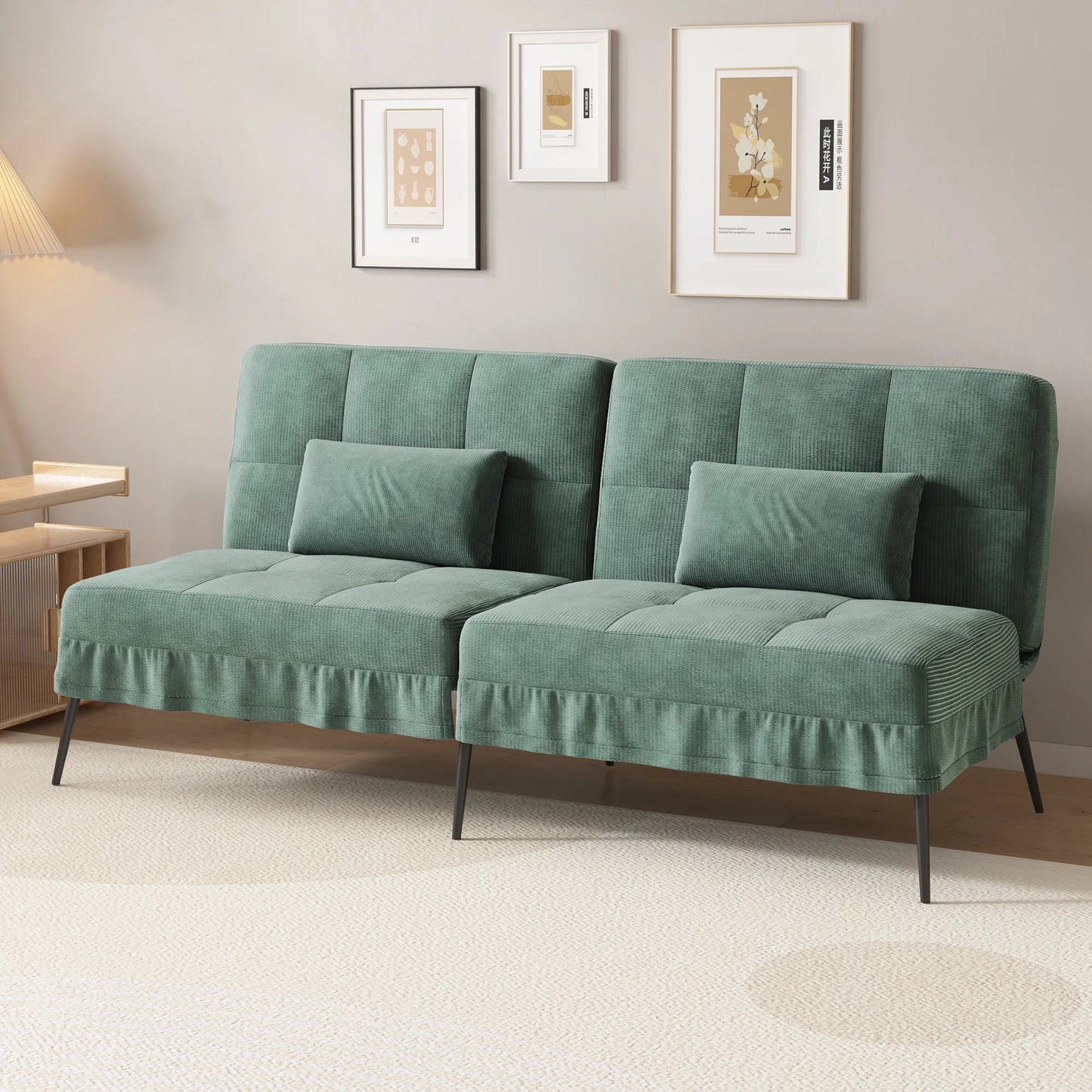 Hoekbank Met Slaapfunctie – 3-Zitsbank – Slaapbank – Loungebank – Verstelbare Rugleuning – Katoenen Fluweel – Metalen Frame - Lichtgroen