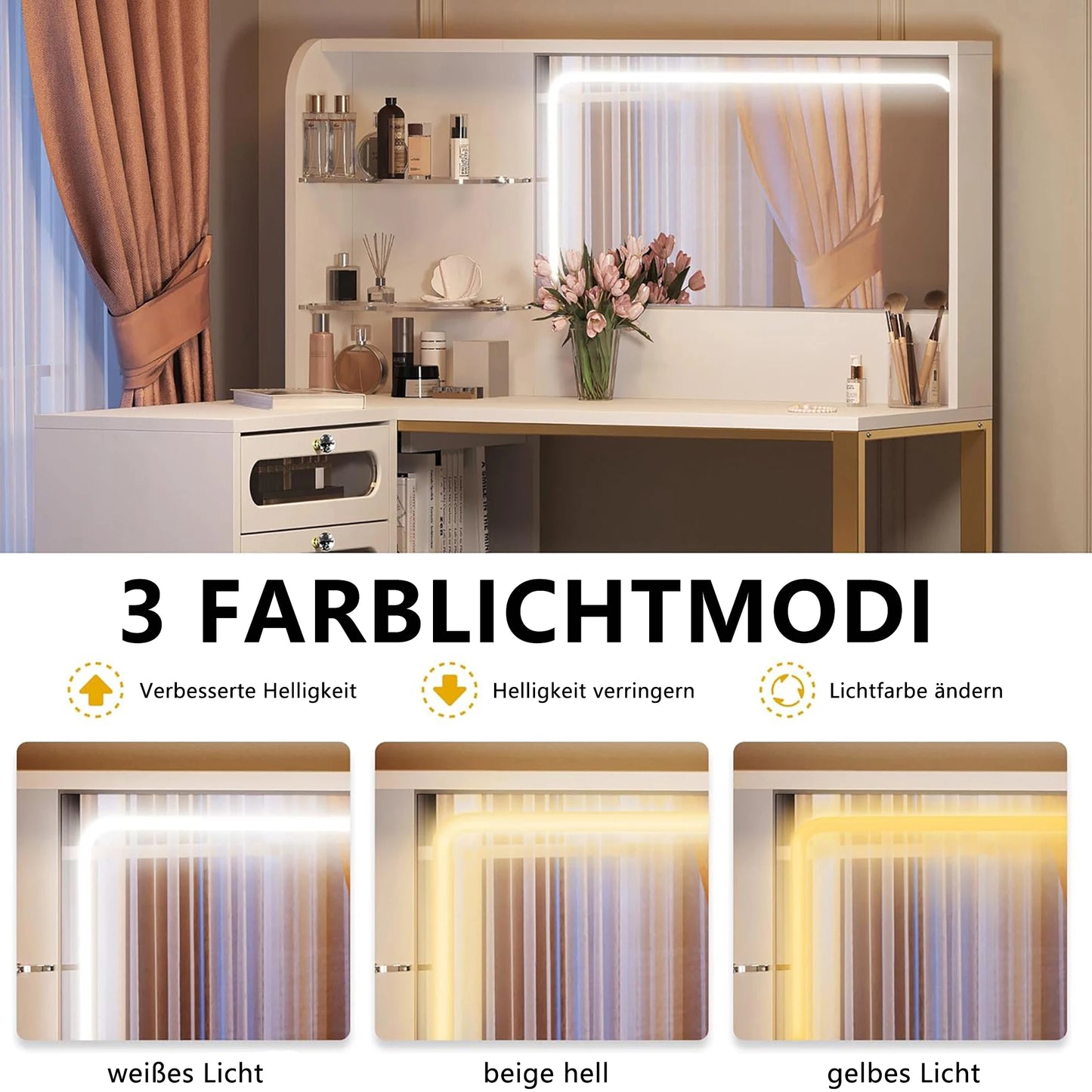 L-vormige Make-up Tafel – Kaptafel – Schoonheidstafel – Dressing Table – Hoekmeubel – Wit – LED Spiegel met 3 Lichtstanden – Gestoffeerde Kruk