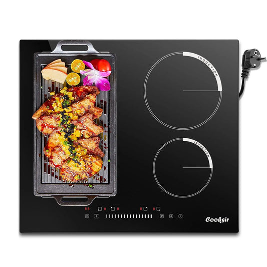 Inductie kookplaat - Induction Hob - Induction Cook Top - Inductie Fornuis - Elektrische Brander - 4 Platen met Stekker - Inbouw 59 cm - 500 W - Combinatiezone voor Grill - Slider Touch Control - 220 V - 50 Hz - Zwart - QUORE