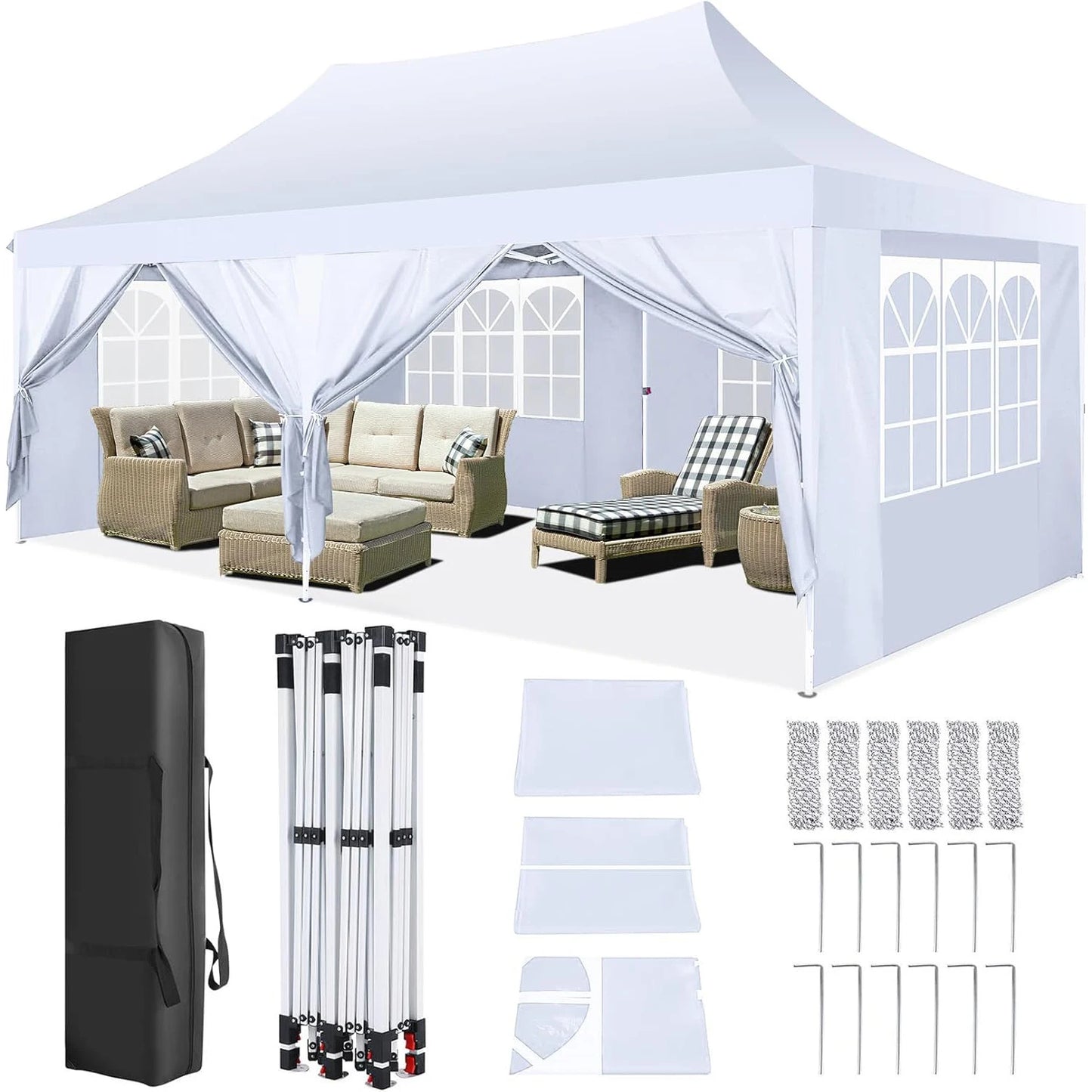 Paviljoen - Tuinpaviljoen - Partytent - Tuintent - Pop-up Kliksysteem - Stabiel - Vouwtent - met 6 Zijwanden - Opvouwbaar - Waterdicht - Winterbestendig - 50+UV-Bescherming - voor Tuin - Buiten - Achtertuin - 3 x 6 m - Wit