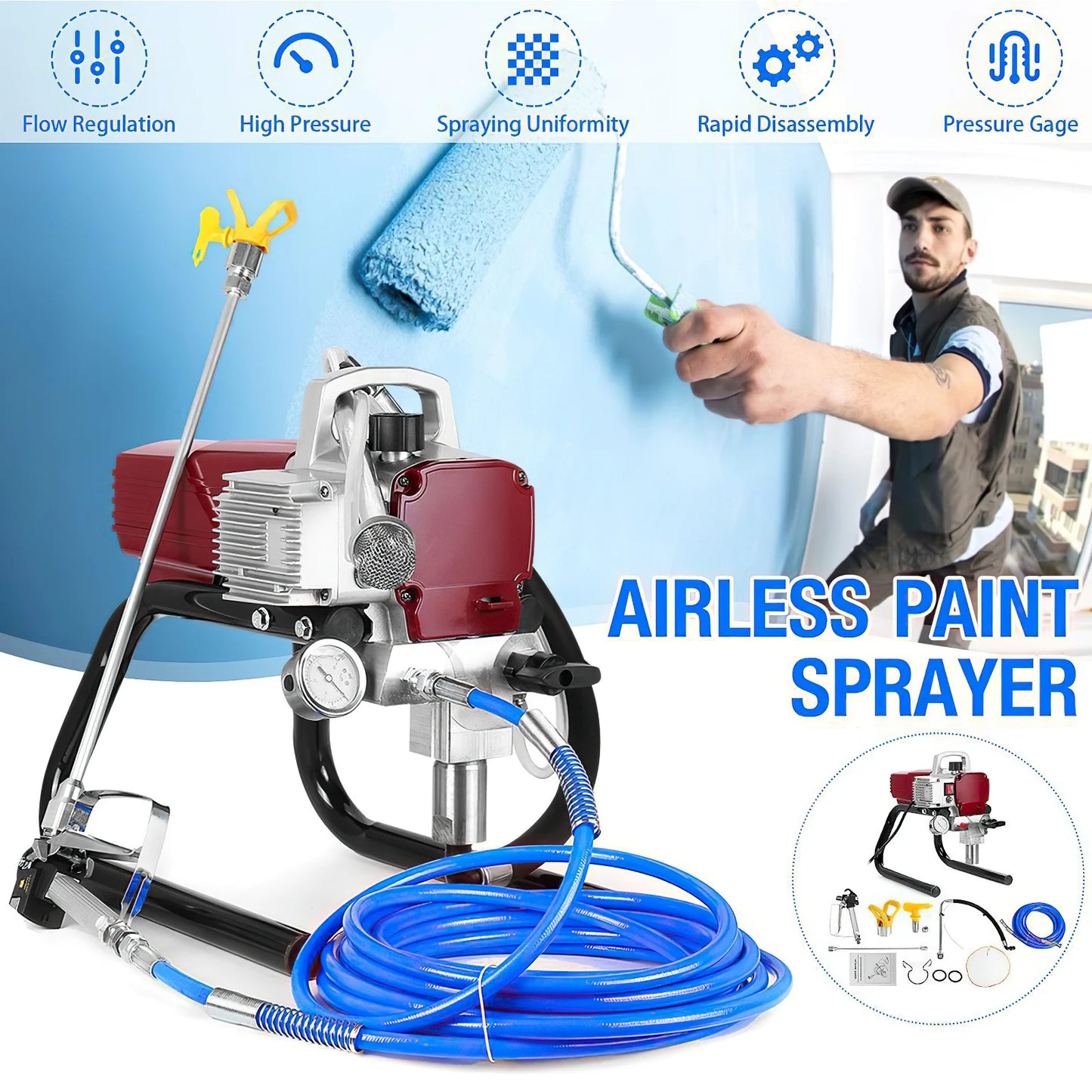 Airless Diaphragma Verfspuitmachine - Kar Airless Verfspuit - Airless Verfspuit - Verfspuiten Electrisch - Verfspuitmachine - 1800W - 1800 PSI Hogedruk - Voor Grote Verfkluss - en Binnen - Buiten