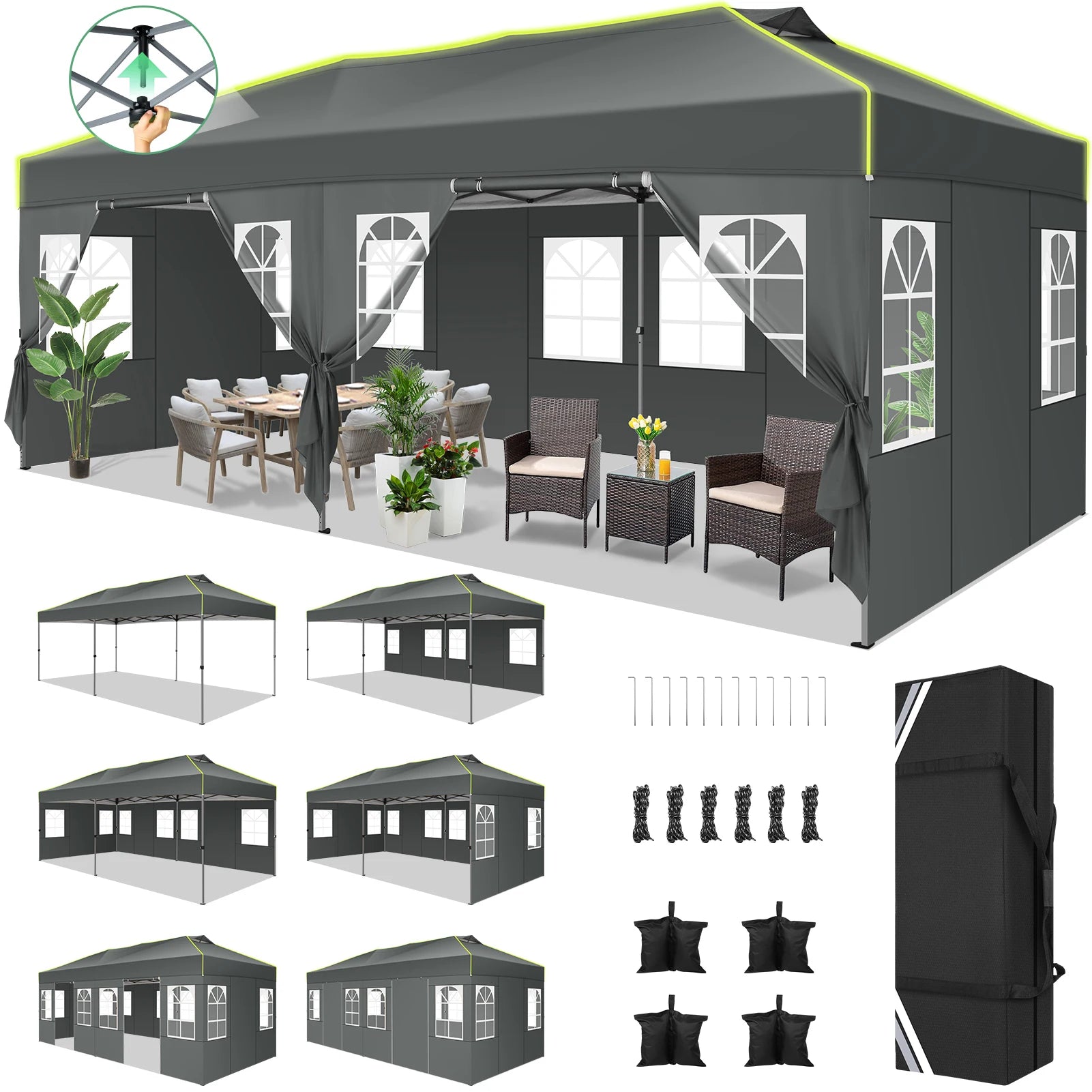 Tuinpaviljoen – Partytent – Prijstent – Inklapbare Feesttent – Tuinkamer – Overkapping – Waterdicht 210D Oxford Materiaal – UPF 50+ UV Bescherming - 3x6m - Grijs - QUORE