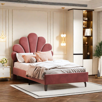 Kinderbed – Eenpersoonsbed – Bedframe – Tienerbed – Jongensbed – Wijnrood Velvet – 90 x 200 cm – Fluwelen Bekleding – Uniek Bloemhoofdeinde