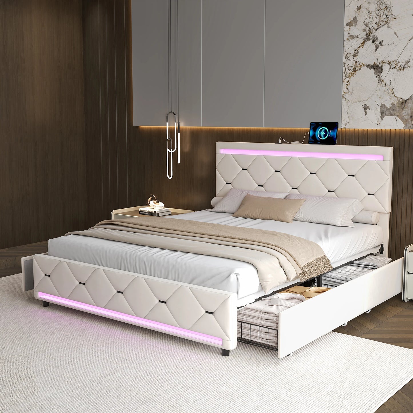 Bedbank – Slaapbank – Logeerbed – Sofa – 2-Persoonsbed – Met LED Hoofdbord – 4 Laden Opbergruimte – 140x200 cm – USB Oplaadfunctie