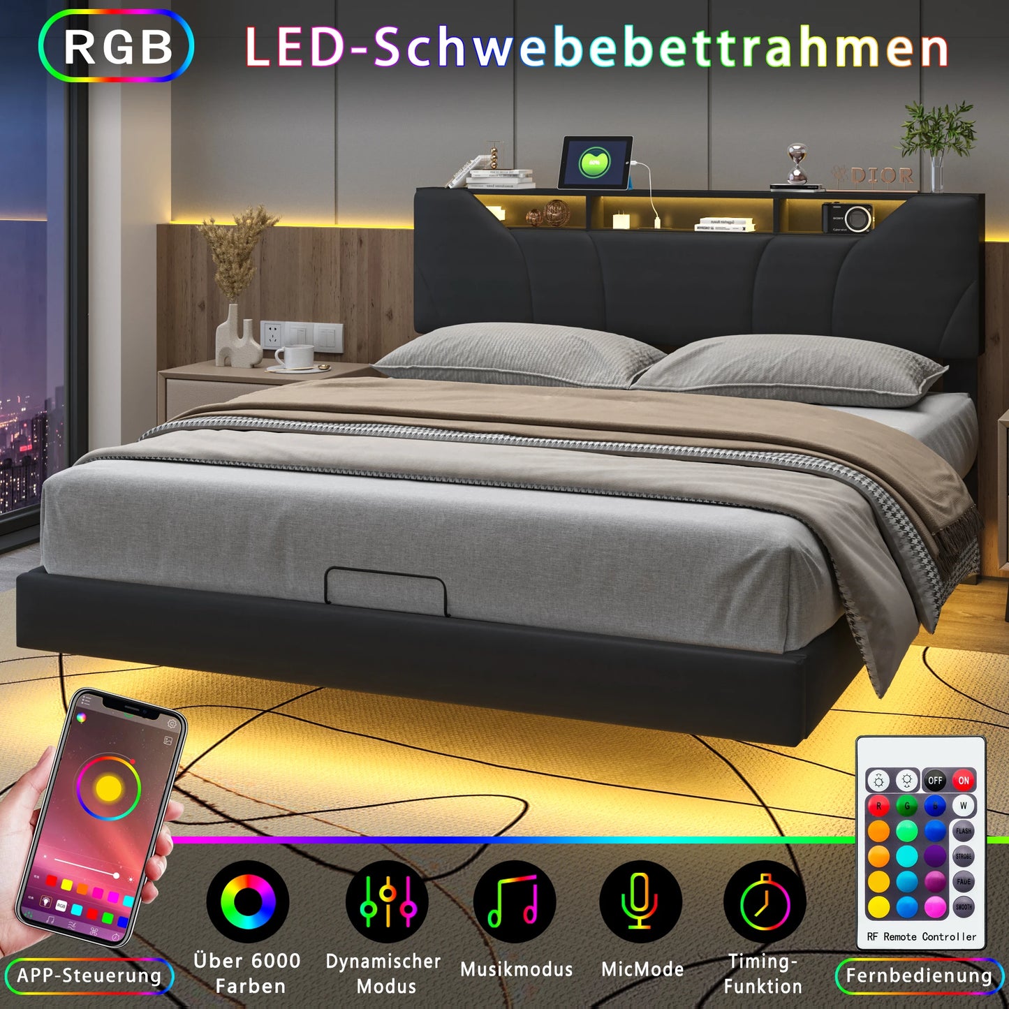 Gestoffeerd Tweepersoonsbed – Opbergbed – Led Bed – Hydraulisch Bed – Bed 140x200 cm – Zwart PU-leer – Verstelbaar Hoofdbord Met USB-poort – Ruime Hydraulische Opbergruimte