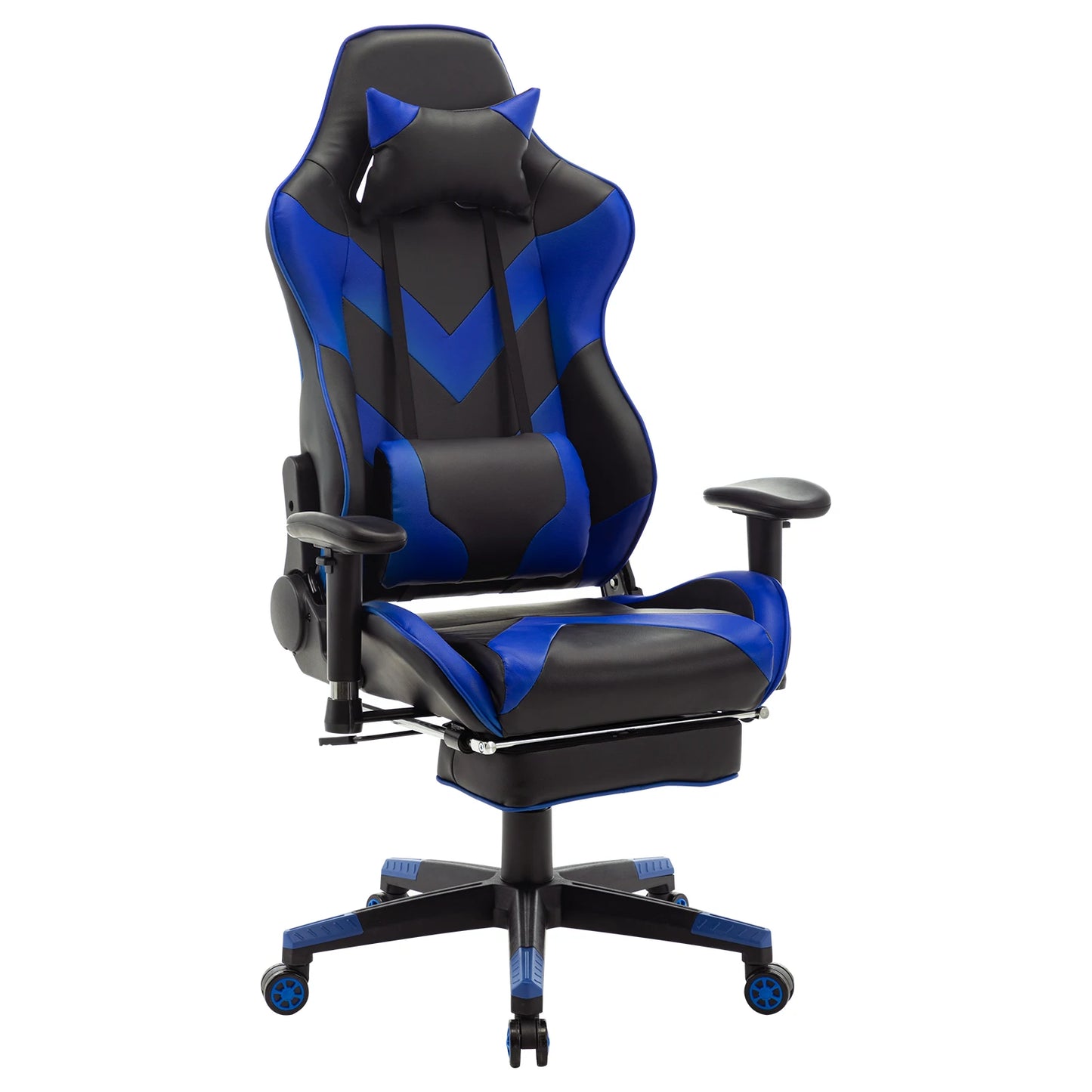 Gaming Stoel - Bureau – Racing - Ergonomische - Verstelbare - met Voetsteun - 155° Ligstand - Nekkussen - Lenden - Kunstleer – 360° Draaibare Wielen - Tot 136 kg Draagvermogen - Zwarte Stof