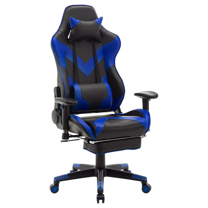 Gaming Stoel - Bureau – Racing - Ergonomische - Verstelbare - met Voetsteun - 155° Ligstand - Nekkussen - Lenden - Kunstleer – 360° Draaibare Wielen - Tot 136 kg Draagvermogen - Blauw Leer