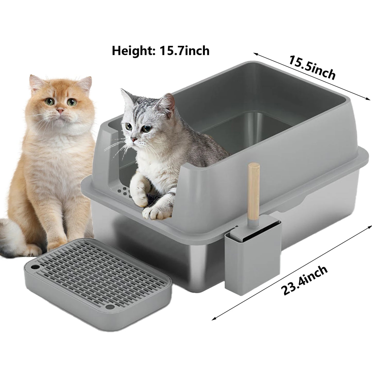 Kattenbak - Extra Grote - RVS - met Hoge Zijkanten - Open Type - Geurvrij en Duurzaam - Grote Katten - Meerdere Katten - Grijs