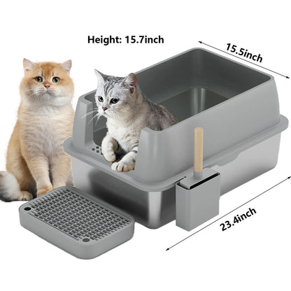 Kattenbak - Extra Grote - RVS - met Hoge Zijkanten - Open Type - Geurvrij en Duurzaam - Grote Katten - Meerdere Katten - Grijs