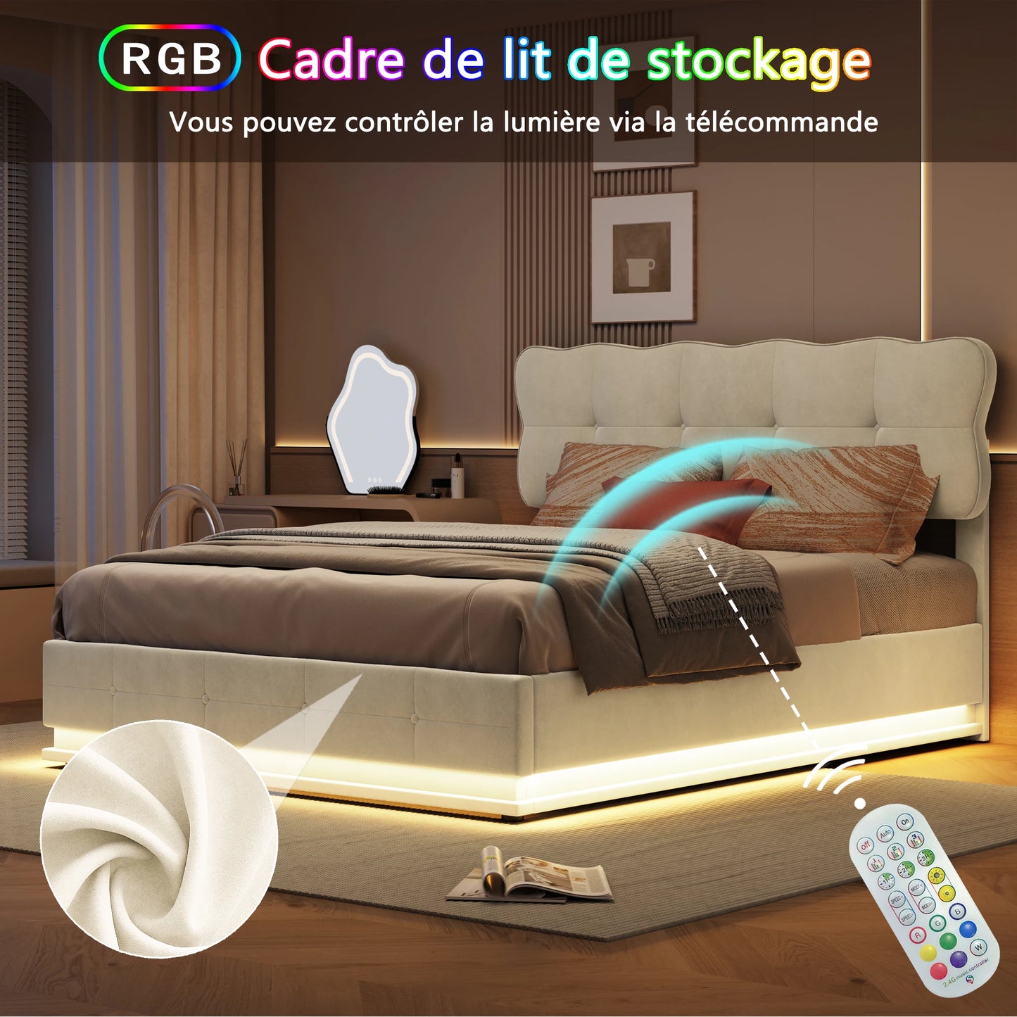 Tweepersoonsbed – Gestoffeerd Bed – Opbergbed – LED Bed – Hydraulisch Bed – 160 x 200 cm – Beige Velvet – Met Dimbare LED-Verlichting en Grote Opbergruimte