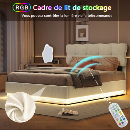 Tweepersoonsbed – Gestoffeerd Bed – Opbergbed – LED Bed – Hydraulisch Bed – 160 x 200 cm – Beige Velvet – Met Dimbare LED-Verlichting en Grote Opbergruimte