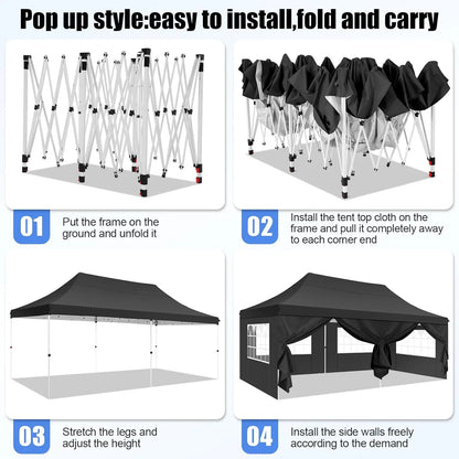 Paviljoen - Tuinpaviljoen - Partytent - Tuintent - Pop-up Kliksysteem - Stabiel - Vouwtent - met 6 Zijwanden - Opvouwbaar - Waterdicht - Winterbestendig - 50+UV-Bescherming - voor Tuin - Buiten - Achtertuin - 3 x 6 m - Zwart