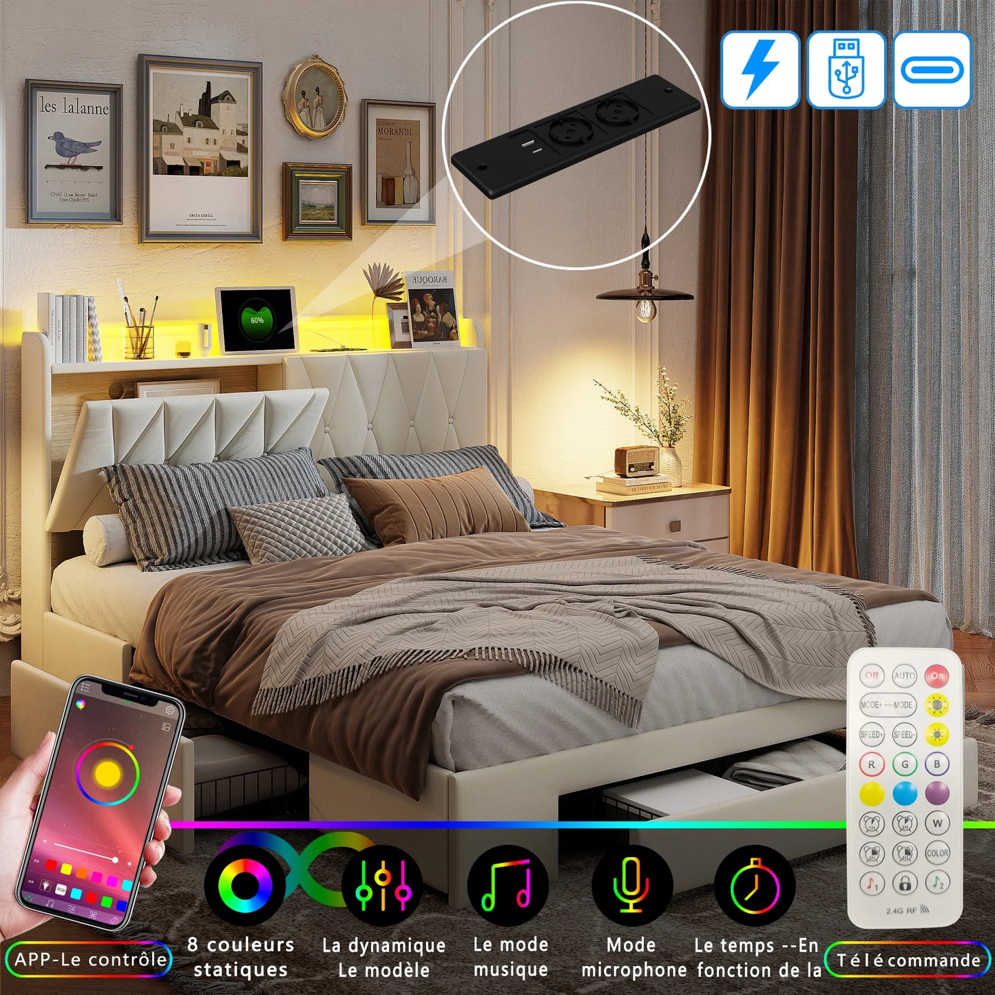 Bedkastenbed – Opbergbed – Tweepersoonsbed – Gestoffeerd Bed – Bedframe – 160x200 cm – USB Opladen – 3 Lades Met Wieltjes