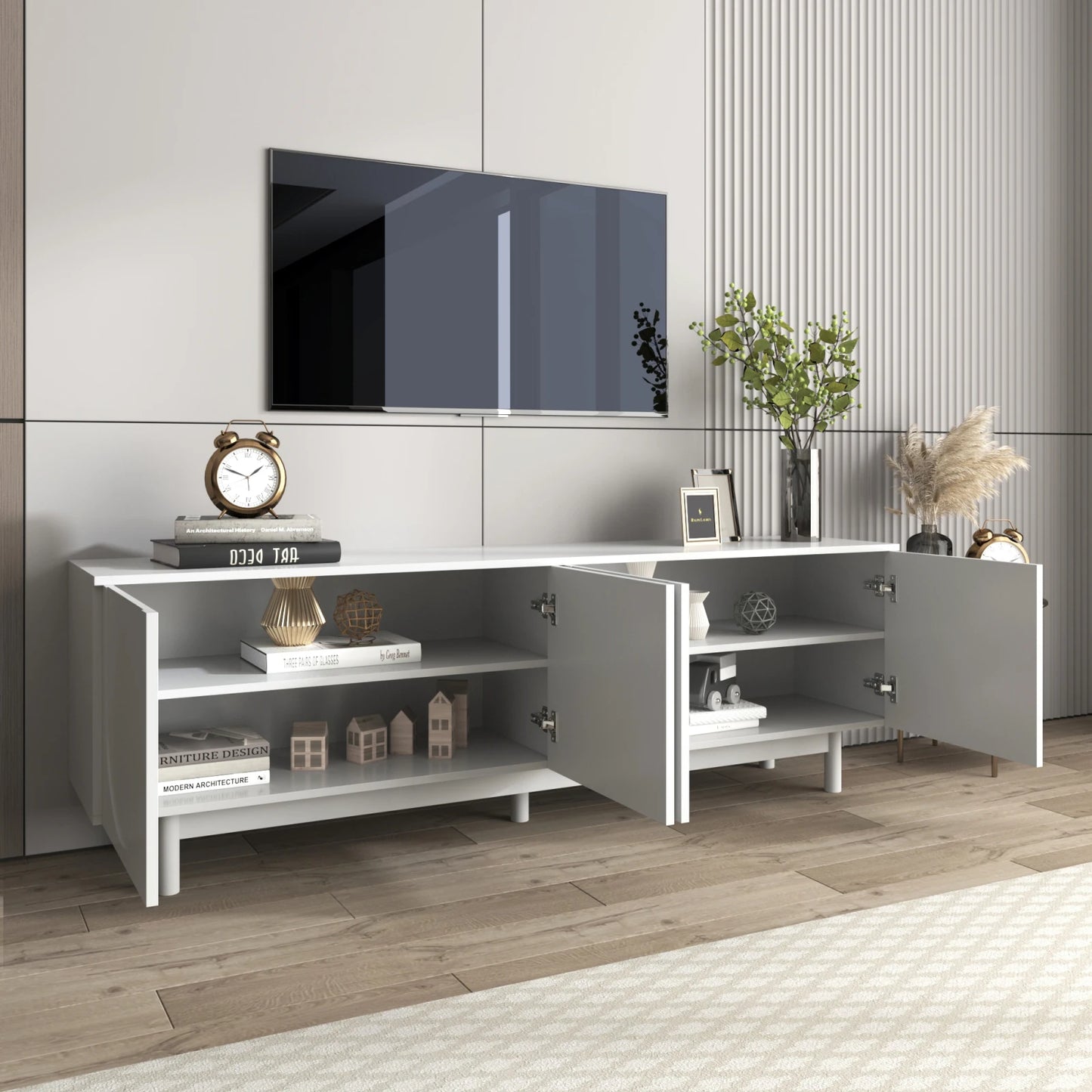 Tv-Meubel – TV Kast – Tv Meubel Modern – Woonkamermeubel – Zonder Handgrepen – Verstelbare Planken – Houten Potten - 175 x 38 x 56 cm - Wit