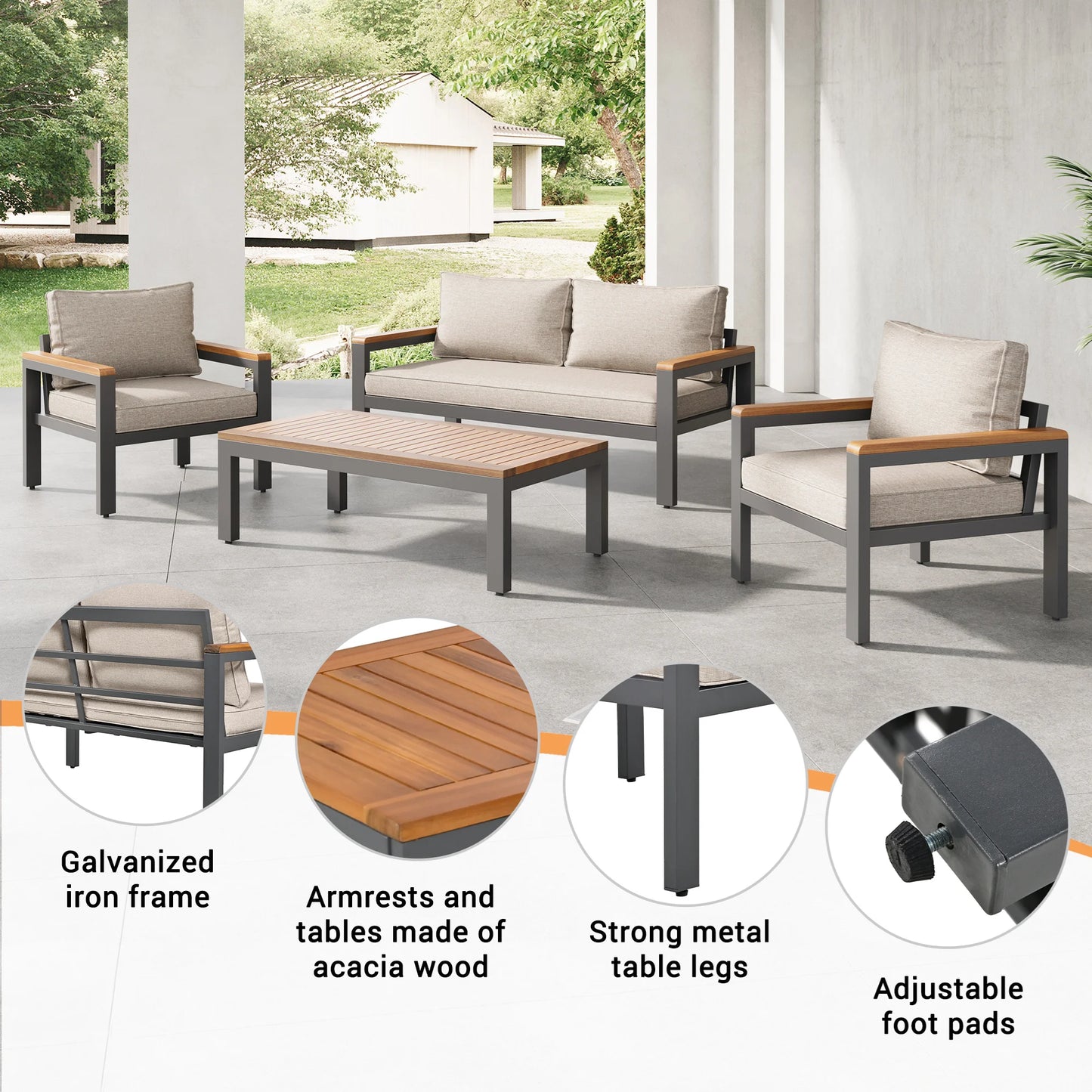 Tuinset – Loungeset – Balkonset – Buitenmeubelen – 4-Delige Set – Metalen Frame – Acaciahouten Details