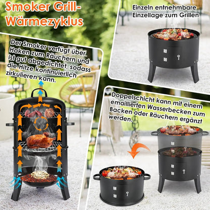 3-in-1 - Houtskoolgrill - BBQ-rokergrill -  Draagbare Verticale Grillkoker - met Ingebouwde Thermometers - Verstelbare Ventilatiesystemen - Klassieke Stijl - voor Buitenkoken - BBQ - 44.5 x 80 cm - Zwart
