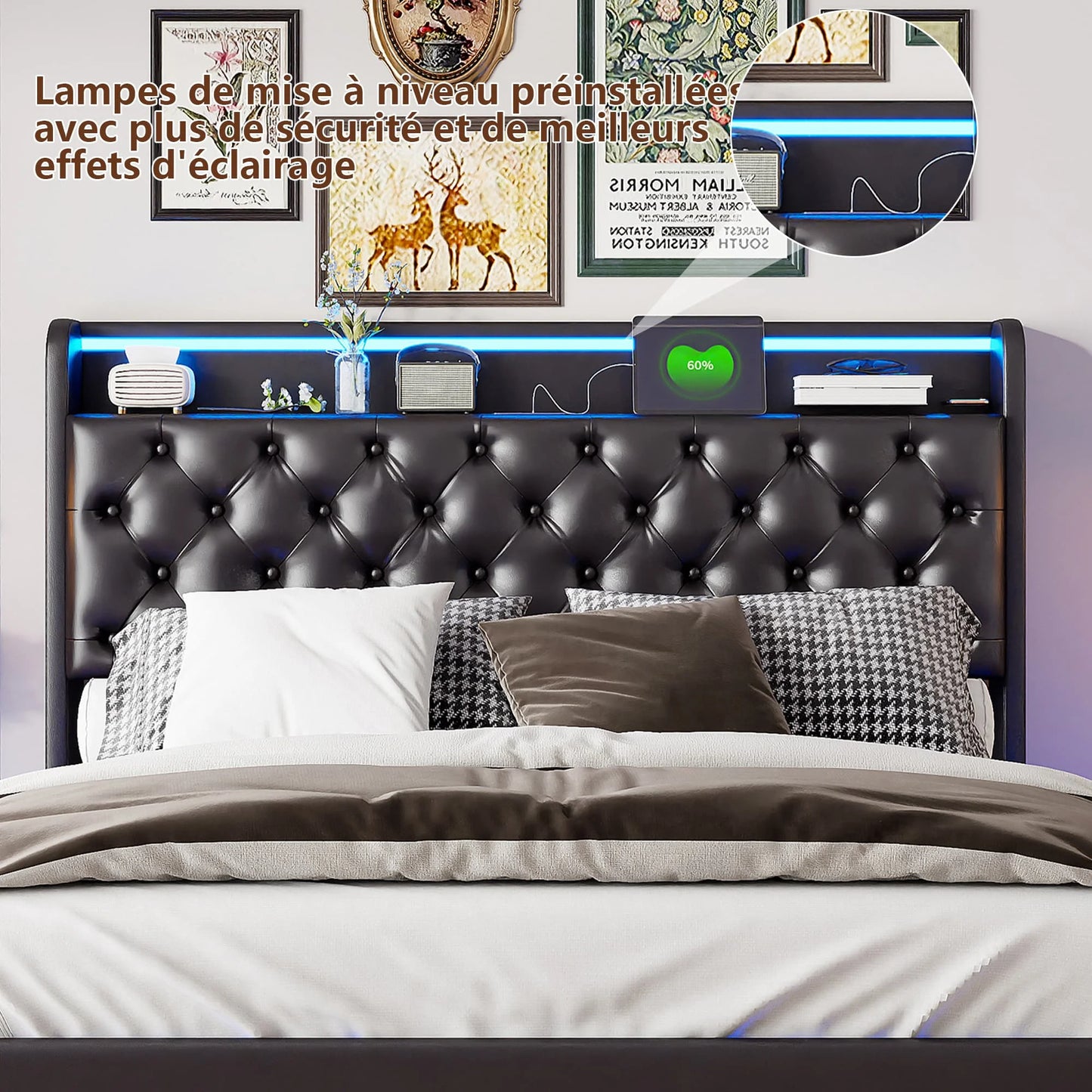 Zwevend Bed – Opbergbed – Led Bed – Modern Bed – Slaapkamerbed – 140x200 cm – PU Bekleding – Ingebouwde USB Poorten & LED Verlichting