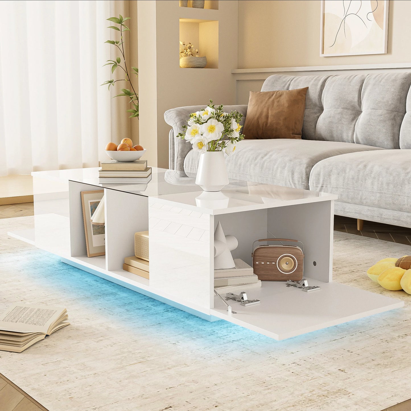 Bijzettafel – Salontafel – Tafeltje  - Woonkamertafel – LED-Verlichting – Hoogglans Glazen Plateau – Ruime Zijopberging - Zwart - QUORE