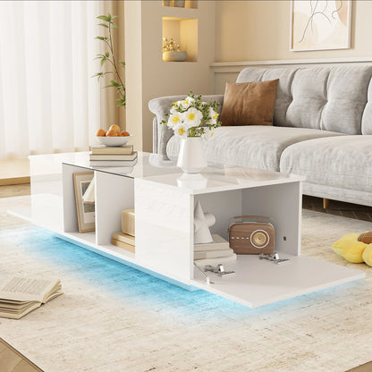 Bijzettafel – Salontafel – Tafeltje  - Woonkamertafel – LED-Verlichting – Hoogglans Glazen Plateau – Ruime Zijopberging - Zwart - QUORE