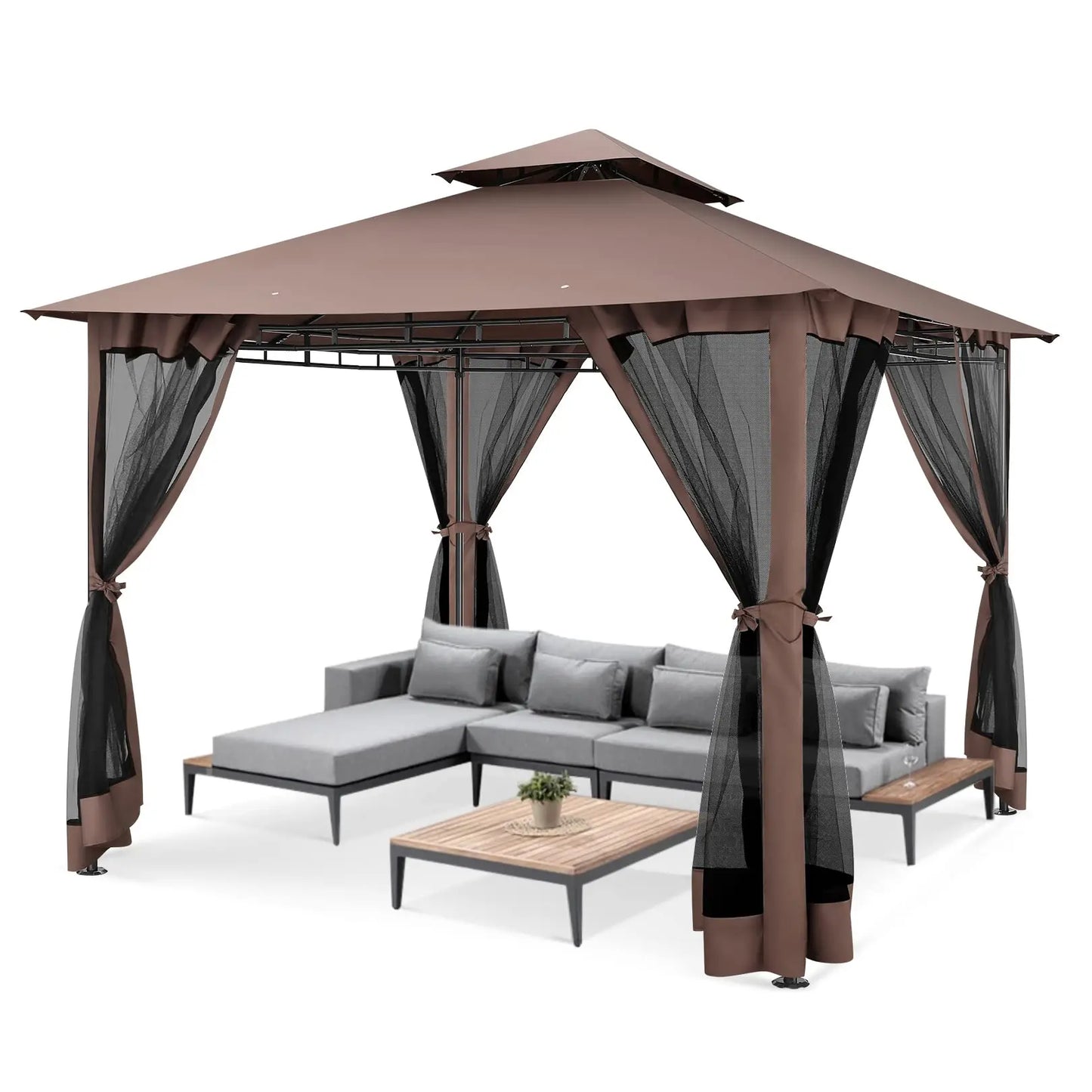 Tuinpaviljoen – Overkapping – Tuinkamer – Buitenverblijf – Zonwering – Stevig Stalen Frame – Waterafstotend Polyester Doek - Bruin