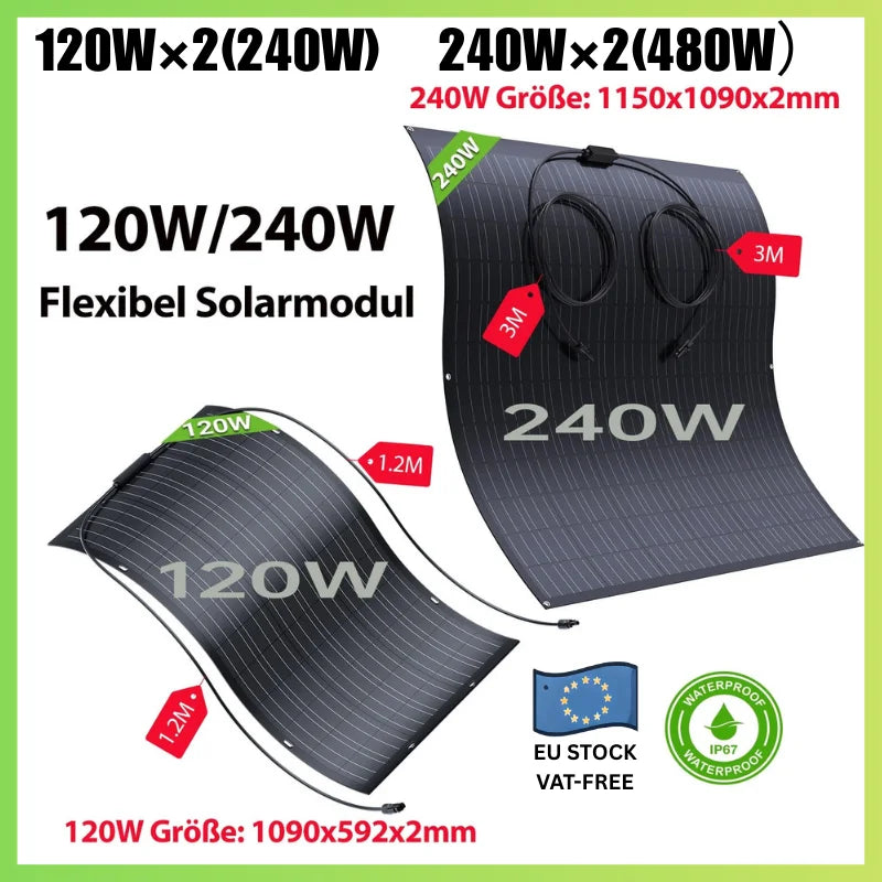 240W/480W Flexible Solar Panel Kit (2×120W / 2×240W), ETFE Surface, High Efficiency 18.6%, IP67, for RV, Boat, Roof