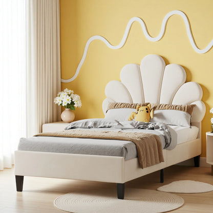 Kinderbed – Meisjesbed – Eénpersoonsbed – Jeugdbed – Logeerbed – Wijnrood Velours – Bloemvormig Hoofdbord – Stevig MDF Frame – 200 kg Draagkracht