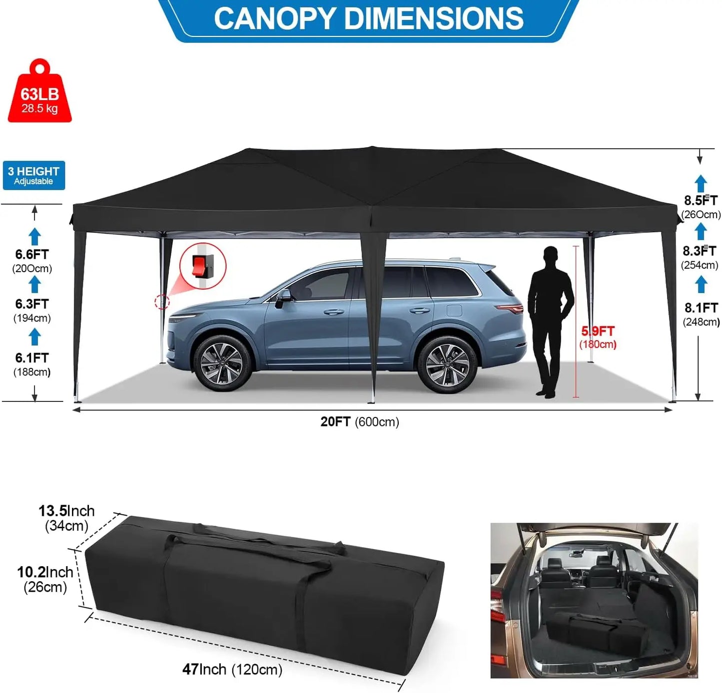 Partytent – Tent – Overkapping – Buitenluifel – 3x6 Meter – Waterdicht Oxford Doek – Verstelbaar Stalen Frame - Zwart - QUORE