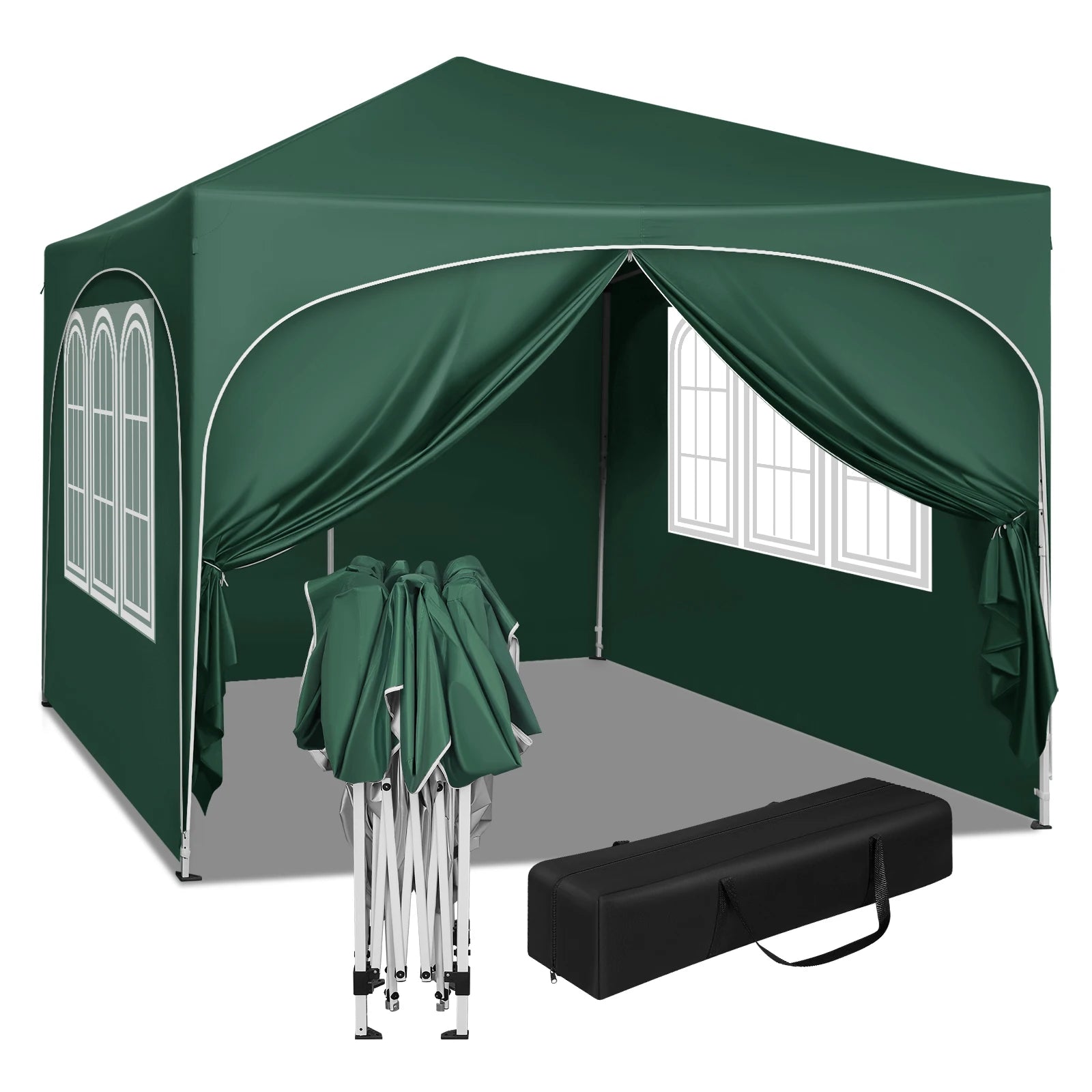 Party Tent - Opvouwbare - Tuinpaviljoen - 3x3m - Waterdichte - Verstelbare Hoogte - Gazebo - 4 Afneembare Zijpanelen - met Vensters - UV-Bestendig - Waterdichte - voor Camping - en Picknick - Groen - QUORE