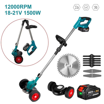 Elektrische Grastrimmer - Grasmaaier - Onkruidborstel - Grastrimmer - 1500W - Draadloze Maaier - 12000RPM - met Wielen - Tuingereedschap - 2 Accu