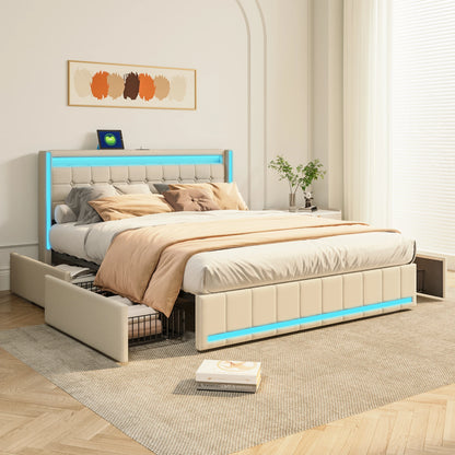 Gestoffeerd Bed – Bedframe – Slaapbank – Bed met Opbergladen – Linnen Bed – 140x190 cm – LED Verlichting – USB Oplaadpoort – Beige – 4 Grote Lades – Zonder Matras