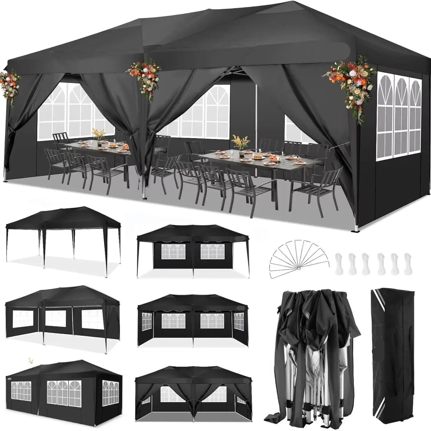 Partytent – Opvouwbaar Tuinhuisje – Buiten Tent – Schaduw Tent – 3x6 Meter – Waterdicht 210D Oxford – Verstelbare Hoogte - Zwart - QUORE