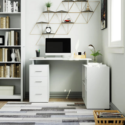 Hoekbureau – L-vormig Bureau – Werkplek Bureau – Studiebureau – Kantoormeubel – Wit – Verstelbare Planken – 3 Opberglades – 129x104 cm