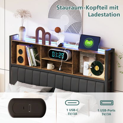 Tweepersoonsbed – Bedframe – Slaapbank – Opbergbed – Ledbed – Zwart met PU Hoofdeinde – 140x200 cm – Met Ledverlichting en Opberglades