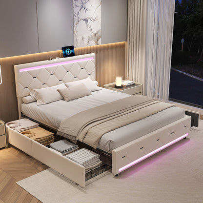 Bed Met Opberglade – Opbergbed – Tweepersoonsbed – Gestoffeerd Bed – Slaapbank – 140x190 cm – LED Hoofdbord Met USB Laadfunctie – 4 Ruime Laden