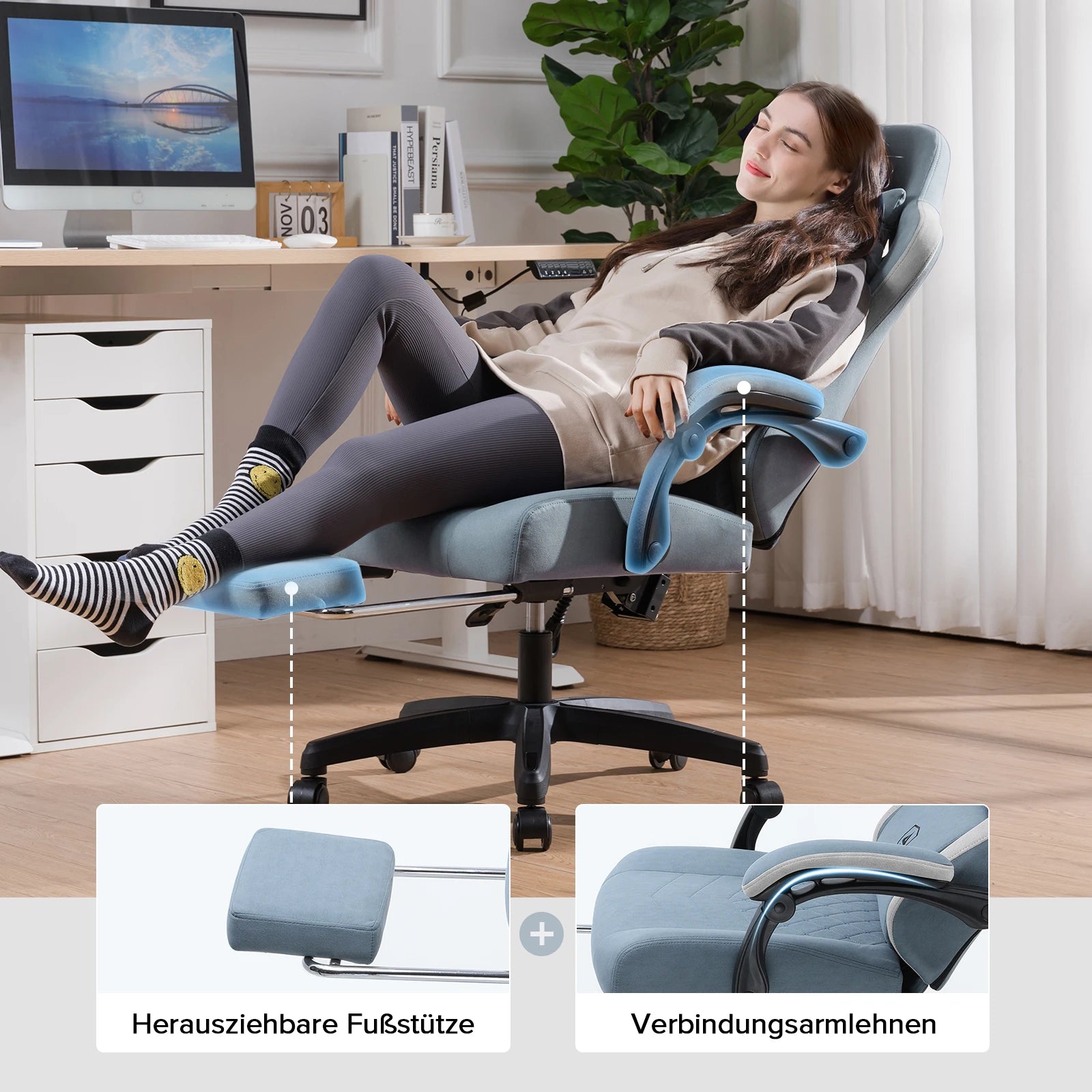 Gaming Stoel - Bureaustoel - Swivel Stoel - met Voetsteun - Hoofdsteun - Verstelbare - Rugleuning - Lendenkussen - Ergonomische - Draaibare - 55 x 50 x 130 cm - Lichtblauw - QUORE
