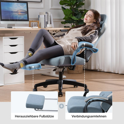 Gaming Stoel - Bureaustoel - Swivel Stoel - met Voetsteun - Hoofdsteun - Verstelbare - Rugleuning - Lendenkussen - Ergonomische - Draaibare - 55 x 50 x 130 cm - Lichtblauw - QUORE