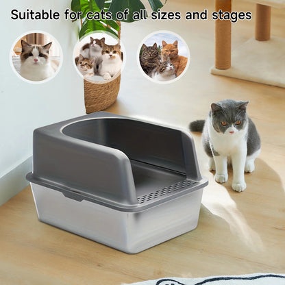 RVS Kattenbak - Kattentoilet Roestvrijstaal - Kattenbak - Open kattenbak - Geurvrij - met Kattenbakschep en Zandpad - 51x36x30cm - voor Katten - Grijs